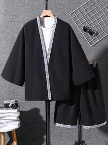 SHEIN 青少年男孩鑽石圖案編織上衣和短褲套裝 - 黑色 - 查看 4