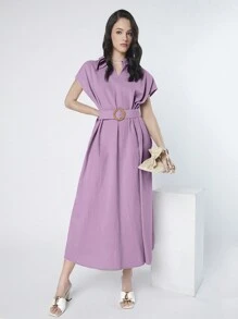 Mulvari Women's Solid Color Batwing Short Sleeve Collared Dress - Baby Pink - View 5