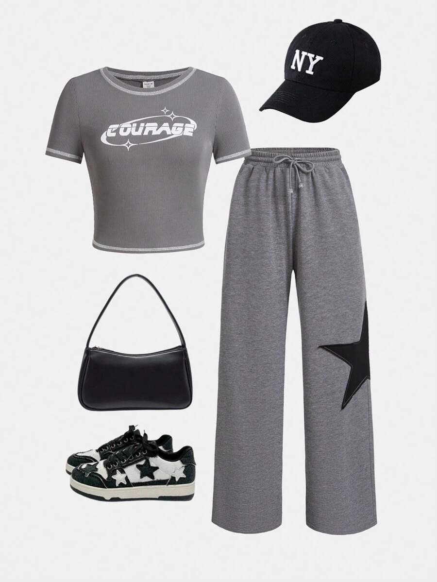 SHEIN Juego De Dos Piezas Para Adolescentes, Polera Tejida Con Estampado De Letra Y Pantalones Largos Con Estampado De Estrellas