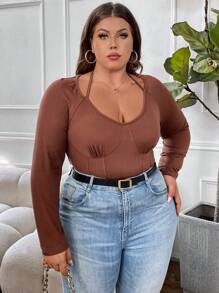 SHEIN CURVE+ Plus Size Solid Color Fishbone Print Compression Long Sleeve T-Shirt