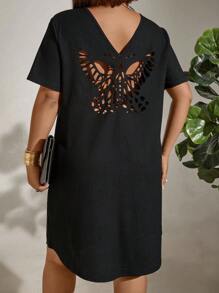 SHEIN Clasi 大碼蝴蝶開背短袖連衣裙 - 彩色 - 查看 4