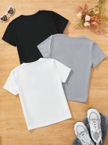 SHEIN 3pcs Tween Girls' Knitted Solid Color Loose Fit Casual T-Shirt Set With Round Neck - Black - View 2