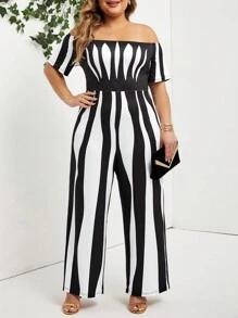 SHEIN Lady Off-Shoulder Plus Size Women's Jumpsuit With Geometric Print - Black and White - View 4