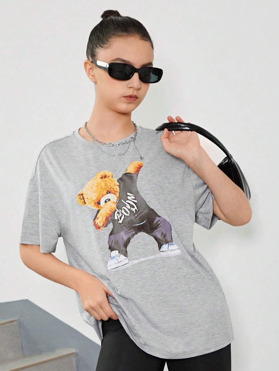 SHEIN Thiếu niên Cô gái Đan Lỏng lẻo phù hợp Ngắn tay Áo thun Với Gấu In Mẫu - Màu Xám nhạt - Xem 1