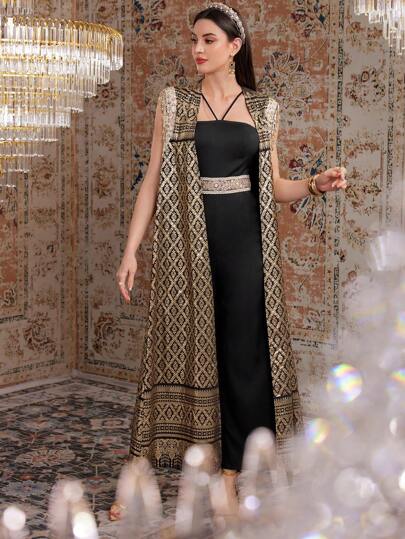 Modelyn Women's Bandage Halter Neck Jumpsuit With Vintage Printed Sequin Fringe Jacket, 2pcs/Set 2 Piece Set