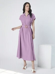Mulvari Women's Solid Color Batwing Short Sleeve Collared Dress - Baby Pink - View 8