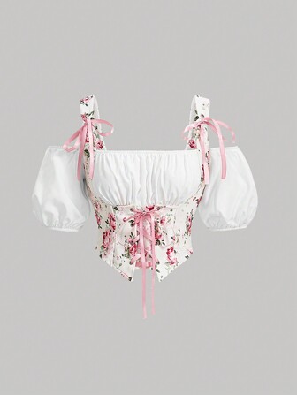 SHEIN MOD Top vintage à manches bouffantes avec imprimé floral et lien à la taille pour femmes