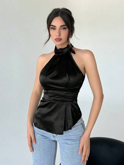 Aloruh 女士纯色挂脖衬衫、无袖上衣