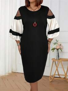 SHEIN Clasi 大尺寸網布插花燈籠袖連身裙 - 黑與白 - 查看 3