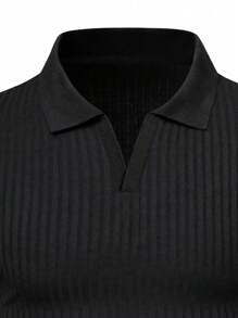 Manfinity Homme Men's 2pcs/Set Vacation Casual Plain Ribbed Short Sleeve Polo Shirt & Shorts, Boyfriend Gift - Black - View 7
