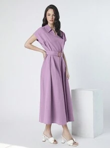 Mulvari Women's Solid Color Batwing Short Sleeve Collared Dress - Baby Pink - View 3