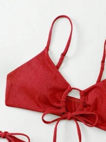 SHEIN Swim 2 件套比基尼泳装，带系带丁字裤比基尼泳裤，无钢圈夏季 - 紅色 - 查看 3