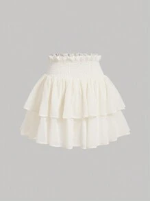 SHEIN MOD Falda Mini De Cintura Fruncida Con Doble Capa De Volantes Y Dobladillo Asimétrico Para Mujer - Beis - Ver 2