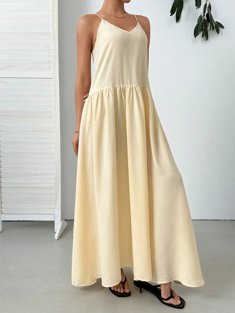 Yellow Dress,Pastel Dress, Dress,Long Beach Dress,Casual And Fashionable Apricot Colored Women's Cami Dress