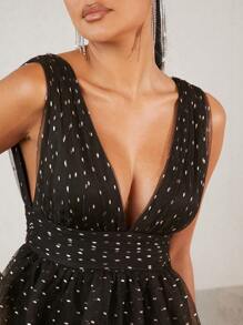 SHEIN Unity Của phụ nữ Chấm bi Gold Foil In Nhiều lớp Lưới Halterneck Đầm Với Ruffled Hem - màu đen - Xem 5