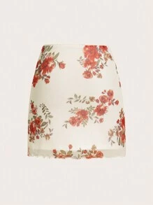 SHEIN Privé Women's Floral Print Mesh Skirt - Black - View 8