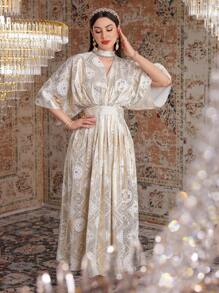 Modelyn Women's Long Hollow Out Arabic Style Stand Collar Dress