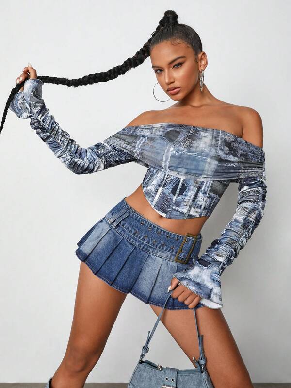 Nadya Rios Top cu umăr dezactivat cu efect denim de designer, Top cowgirl pentru femei, pentru vacanță, vacanță, primăvară și vară, ieșiri, festival, se potrivesc Ibiza