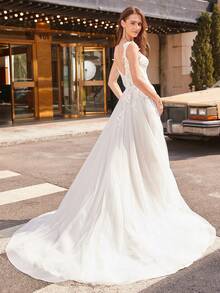 Sparkling Sequin Embroidered Patchwork Mermaid Wedding Dress - Beige - View 4