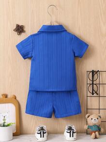 SHEIN Baby Boy's Solid Color Short Sleeve Shirt And Shorts Set - Blue - View 2