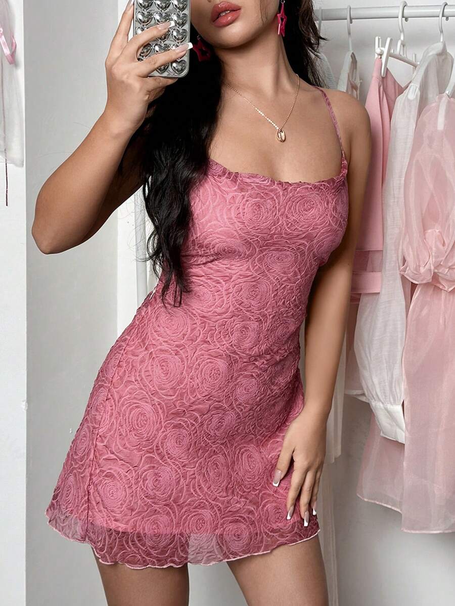 SHEIN Unity Women's Jacquard Backless Spaghetti Strap Dress - Pink - View 1