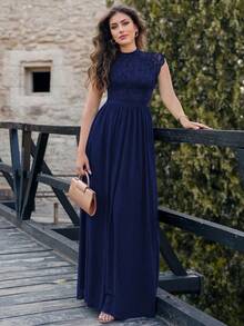 MIUSOL Elegant Floral Lace Mock Neck Cap Sleeve Pleated Hem Prom Party Dress Formal Evening Wedding Guest Gown, For Graduation, Dinner, For Valentine's Day - Navy Blue - View 4