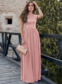 MIUSOL Elegant Floral Lace Mock Neck Cap Sleeve Pleated Hem Prom Party Dress Formal Evening Wedding Guest Gown, For Graduation, Dinner - Baby Pink - View 5