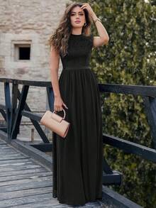 MIUSOL Elegant Floral Lace Mock Neck Cap Sleeve Pleated Hem Prom Party Dress Black Formal Evening Wedding Guest Gown, For Graduation, Dinner - Black - View 5