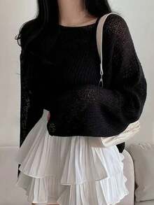 休闲纯色落肩宽松针织毛衣 - 黑色 - 查看 5