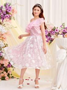 SHEIN Leap Crew 少女缎面蕾丝拼接上衣和网眼刺绣裙子，带荷叶边下摆两件套，适合婚礼派对 - 粉色 - 查看 1