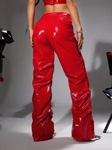 SHEIN ICON Y2k Red Fold-Over Low-Waist Slim-Fit Pu Long Pants - Red - View 2