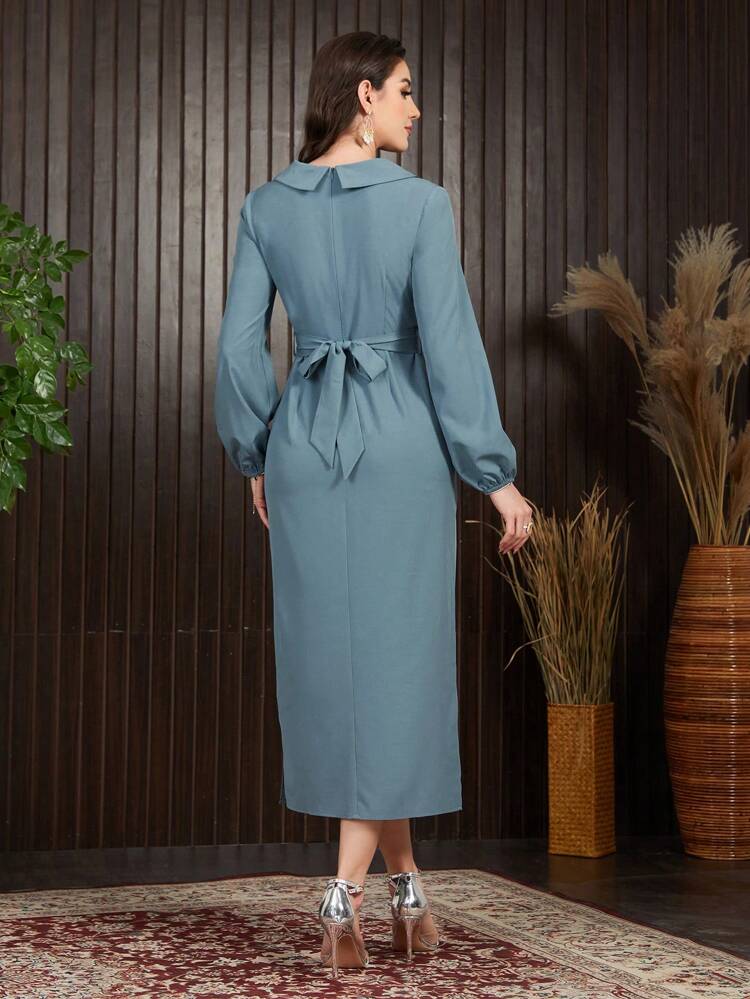 Adult Women's Diamond Decorated Turn-Down Collar Long Sleeve Dress Long Evening Dresses
