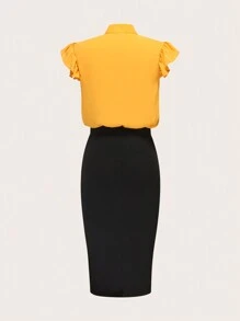 SHEIN Clasi 女士領結,蕾絲袖子上衣和裙子套裝