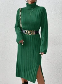 EURMUSE High Neck Drop Shoulder Sweater Dress With Side Slit Hem, Belt Not Included - Army Green - View 5