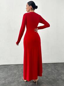 RueChic Metallic Embellished Cross Front Knit Dress With Slit, Perfect For Party And Wedding Occasions - Red - View 2