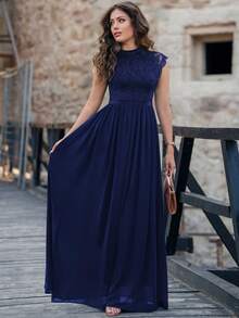 MIUSOL Elegant Floral Lace Mock Neck Cap Sleeve Pleated Hem Prom Party Dress Formal Evening Wedding Guest Gown, For Graduation, Dinner, For Valentine's Day - Navy Blue - View 6