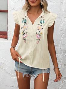 SHEIN LUNE Blusa De Cuello Con Lazo Y Volantes En Agujero Para Brazo, Bordado Con Flores
