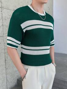 Claim Dot Men's Color Block Striped Short Sleeve Knitted Top - Green - View 1