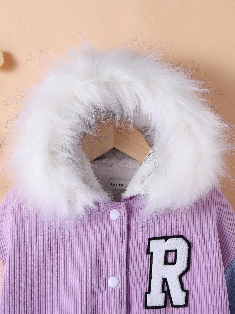 Adolescent Fille Veste À Applique Lettre À Ourlet Duveteux À Capuche À Doublure Thermique - Multicolore - Voir 3