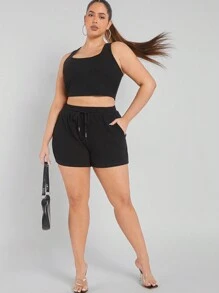 Hauture Conjunto De Camiseta Sin Mangas Y Pantalones Cortos De Color Liso Para Mujer - Negro - Ver 5