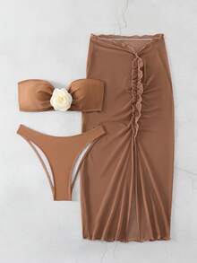 SHEIN Swim 3pcs/Set Strapless Bikini Set With 3d Flower Decor + High Slit Skirted Swimwear Bottom - Coffee Brown - View 4