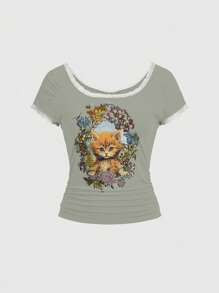 ROMWE Fairycore 女款可爱猫咪花园方领短袖 T 恤 - 綠色 - 查看 1