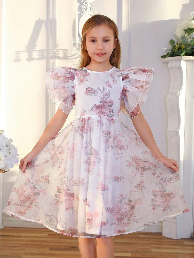 Tween Girls' Floral Print Organza Dress With Round Neckline, Layered Ruffle Sleeves