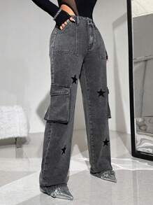 SHEIN ICON Women's Casual Low Waist Star Printed Utility Straight Leg Jeans - Black - View 5