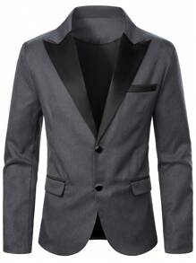 SHEIN Manfinity Mode 男士顏色塊長袖西裝外套和褲子套裝 - 灰色 - 查看 3