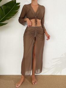 SHEIN Swim 女士纯色吊带比基尼套装夏季海滩 - 卡其色 - 查看 3