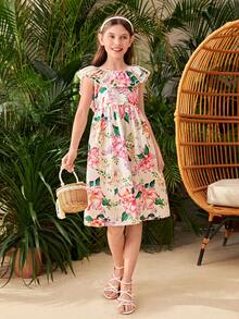 SHEIN Cô gái Tween Giải trí Ngày lễ In Thoải mái Đầm - Nhiều màu - Xem 3