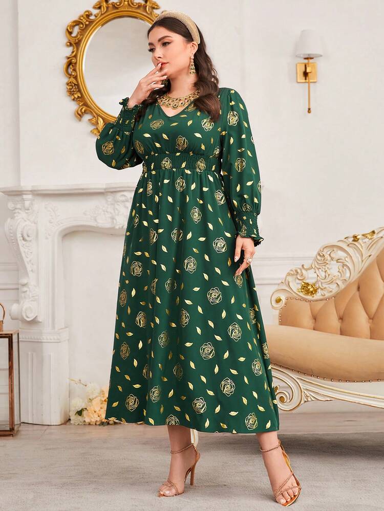Plus Size Floral Printed V-Neck Belted Dress