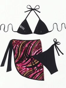Swim EVENT Women's Halter Neck Printed Two-Piece Bikini Set Summer Beach - Black - View 5