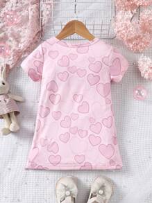 SHEIN Baby Girl Cartoon Rabbit & Heart Pattern Short Sleeve Dress - Pink - View 2